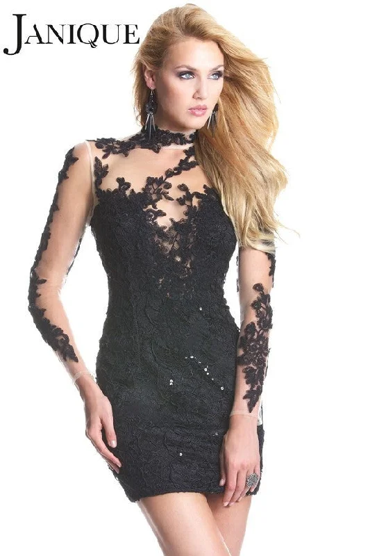 Janique 6054 Long-Sleeved Lace Little Black Dress Lace Dress Shine