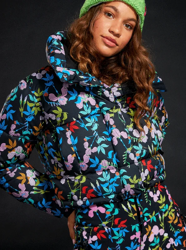 ROWLEY X ROXY Cropped Winter Bomber Jacket - True Black Multifloral Women's camping jackets