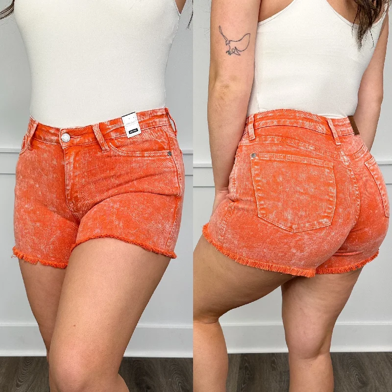 Judy Blue Trina Mid Rise Fray Hem Orange Shorts