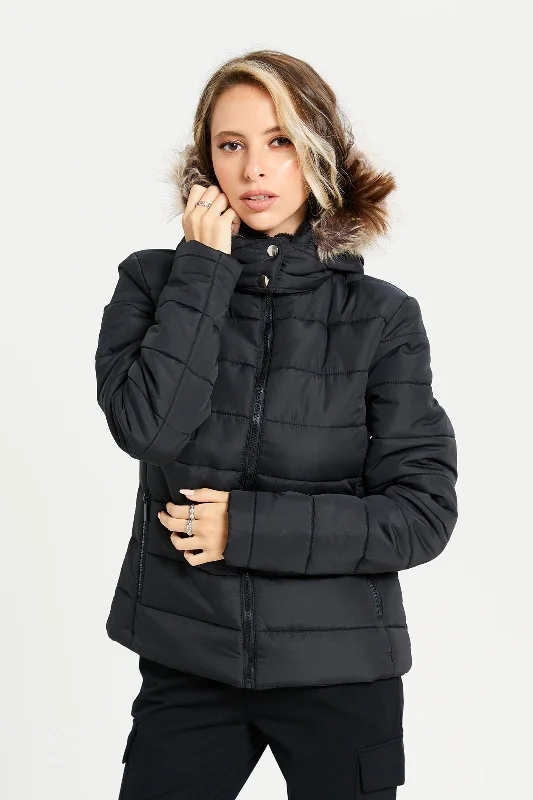 Women Black Faux Fur Hooded Jacket Women's Columbia jackets