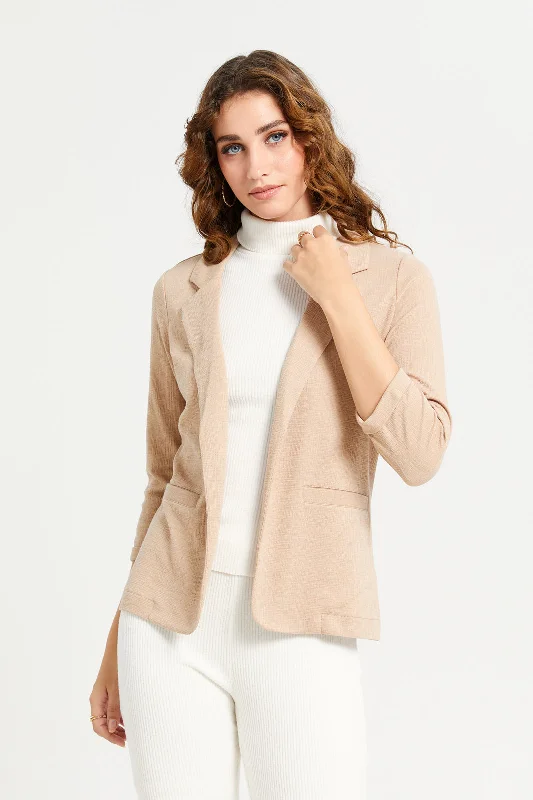 Women Beige Jacquard Knitted Lapel Collared Blazer Women's party jackets