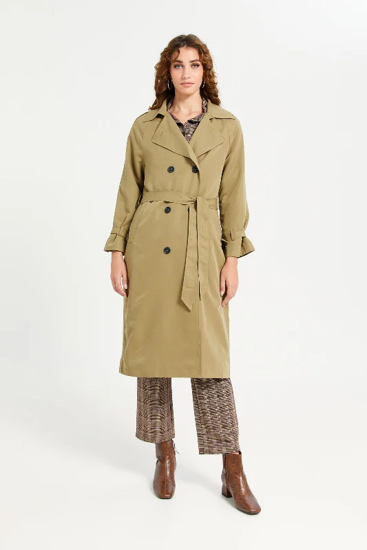 Women Beige Plain Belted Trench Coat Women's reversible jackets