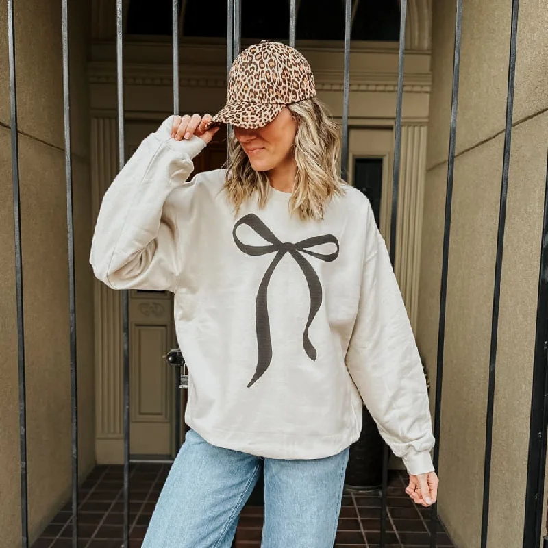 Neutral Bow Plush Crewneck Elegant Hoodies & Sweatshirts