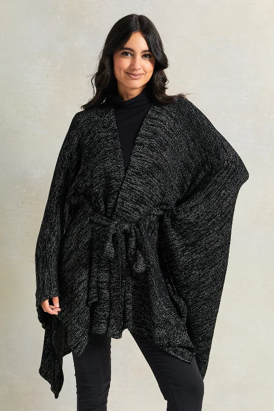 Women Black Lurex Pattern Front Knot Poncho Women's quilted jackets