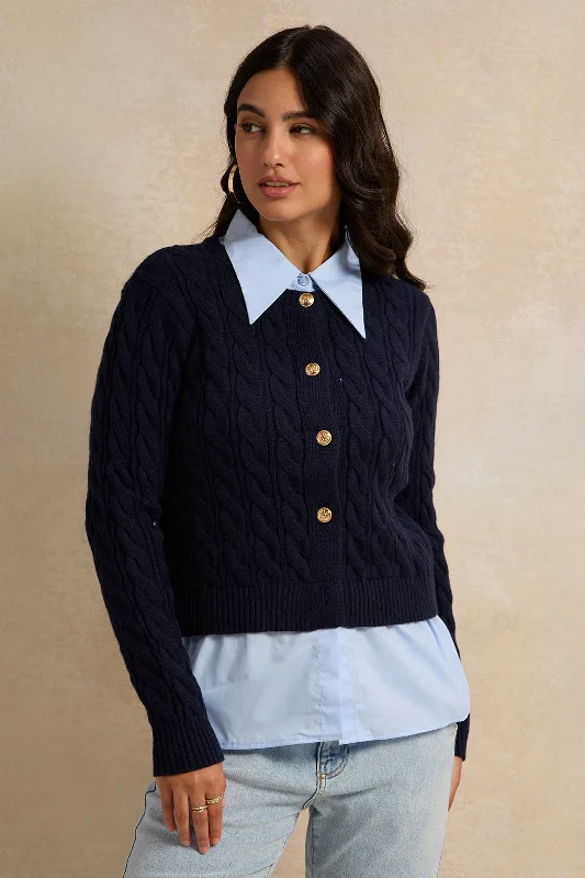 Women Navy And Blue Collared Mock Neck Sweater Women's winter jackets