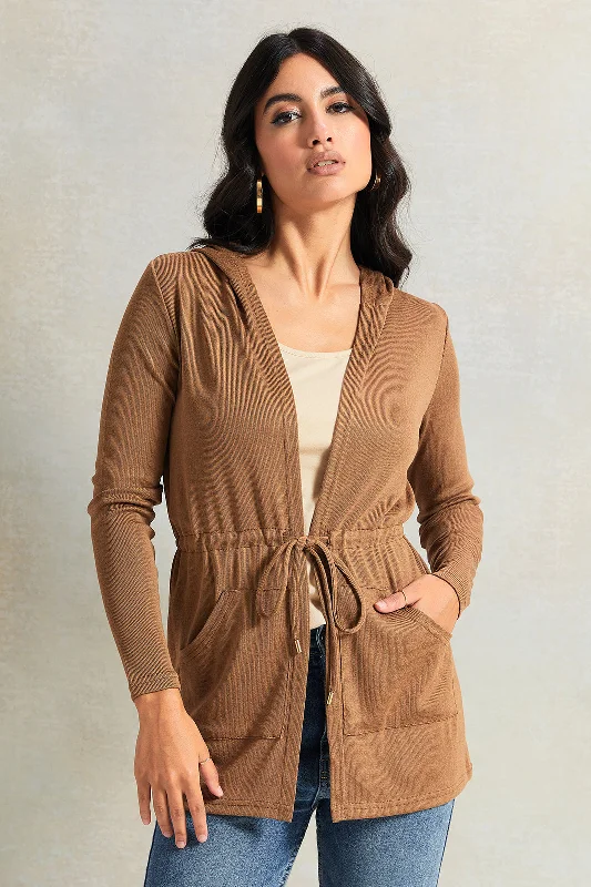 Women Beige Waist Hooded Cardigan With Pockets Women's stylish jackets