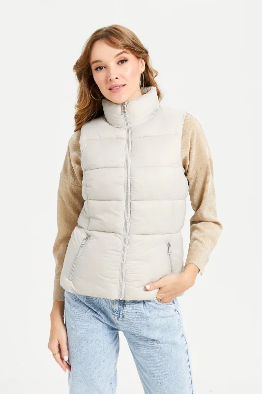 Women Beige Sleeveless Puffer Jacket Women's winter puffer jackets