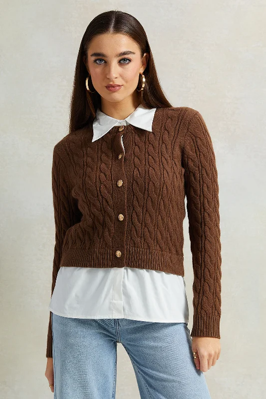 Women Beige Collared Mock Neck Sweater With Front Buttons Women's best-selling jackets