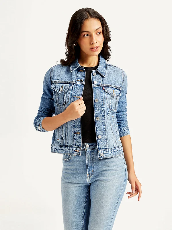 Women's Solid Blue Spread Collar Jacket Women's cropped jackets