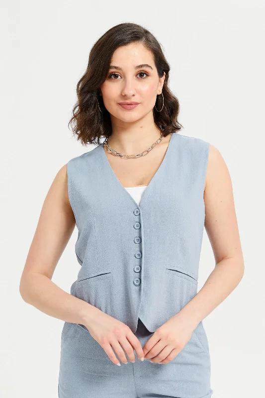 Women Blue Linen Waistcoat Women's elegant jackets