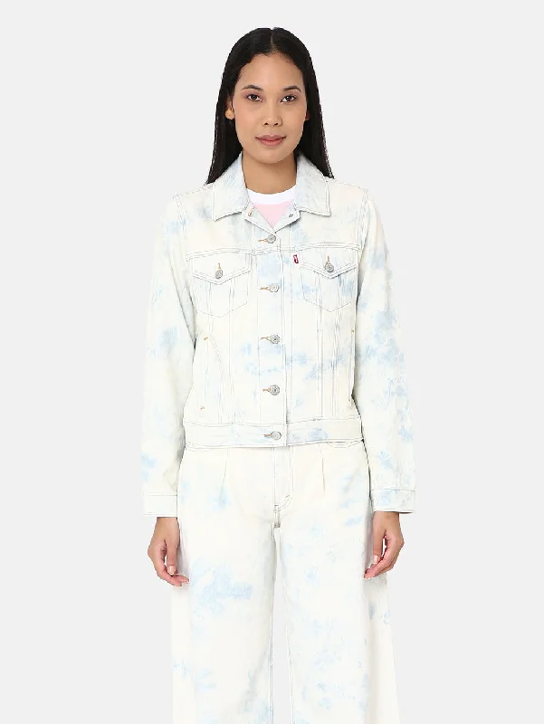 Women's Solid Light-Blue Spread Collar Trucker Jacket Women's commuter jackets