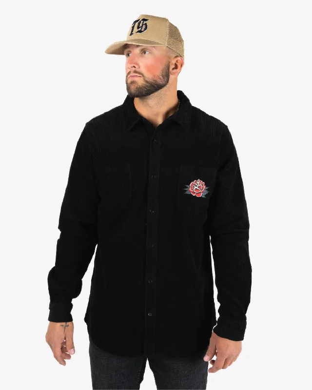 Traditional Cord Button Up - Black Soft Sweatshirts with Logo