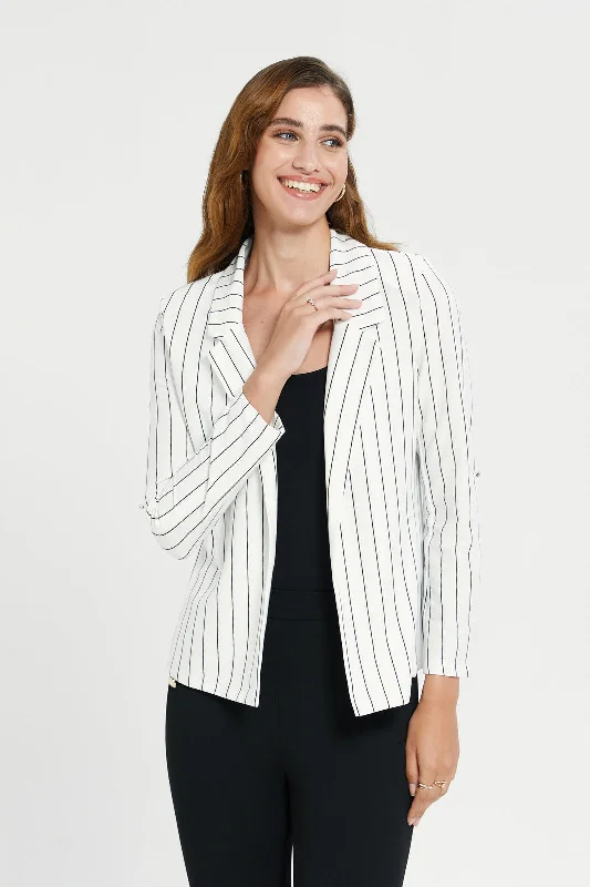 Women White And Black Striped Rolled Sleeve Blazer Women's hooded jackets