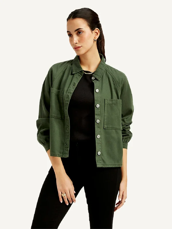 Women's Solid Olive Spread Collar Jacket Women's Nike jackets