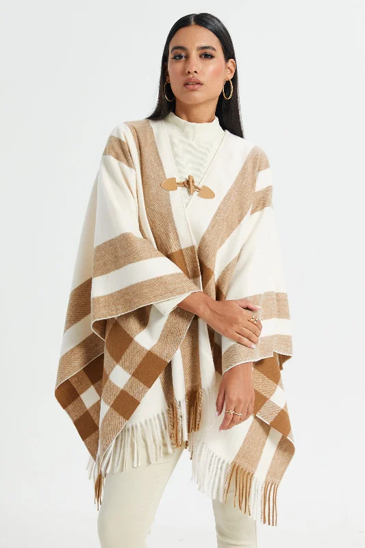 Women Beige And White Checked Poncho Women's work jackets