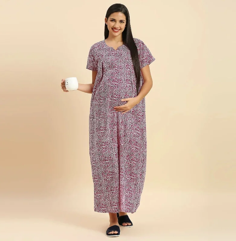 MomToBe Ethnic Motifs Printed Maxi Maternity Nightdress Travel pajama sets