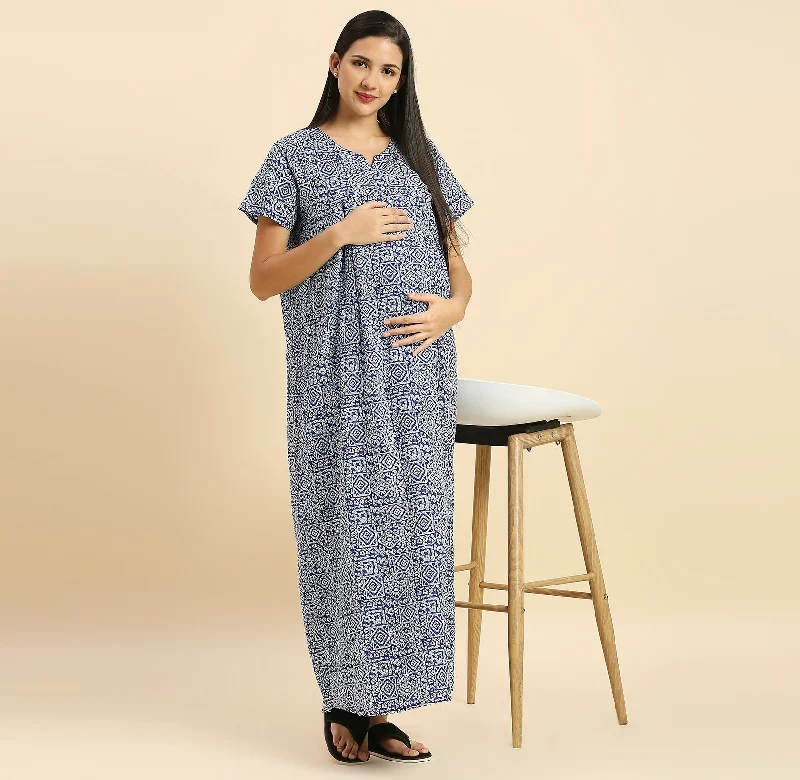 MomToBe Ethnic Motifs Printed V-Neck Pure Cotton Maxi Maternity Nightdress Movie night pajama sets