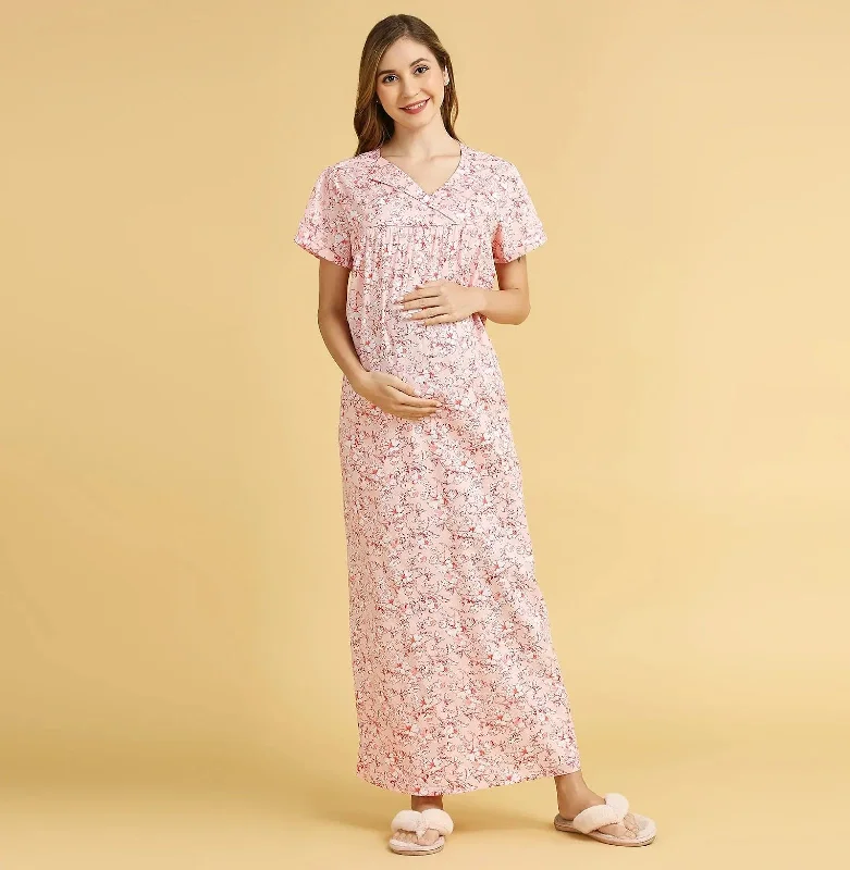 MomToBe Floral Printed Maxi Maternity Nightdress-2023mtbpchflrfn-Free Floral pajama sets