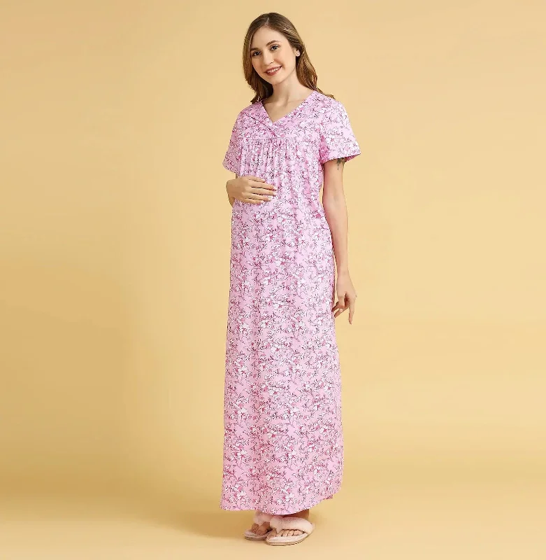 MomToBe Floral Printed Maxi Maternity Nightdress-2023mtbpkflrfn-Free Jogger pajama sets