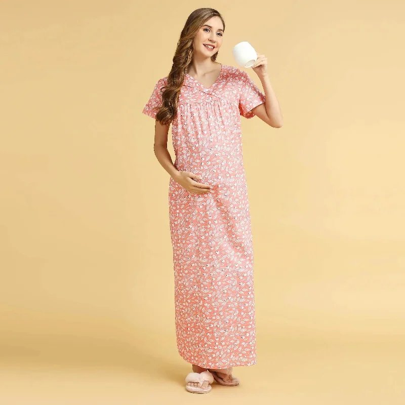 MomToBe Floral Printed Maxi Maternity Nightdress-2025mtbpchflrfn-Free Cartoon pajama sets