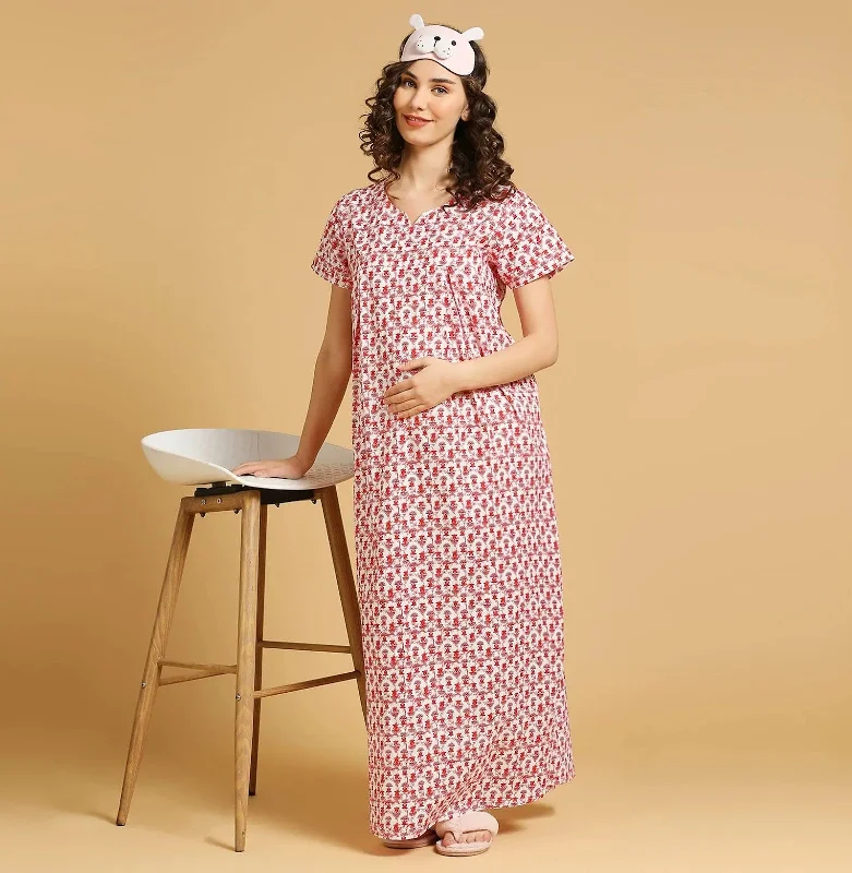 MomToBe Floral Printed Pure Cotton Feeding Maternity Maxi Nightdress-2027mtbredprntfn-Free Summer pajama sets