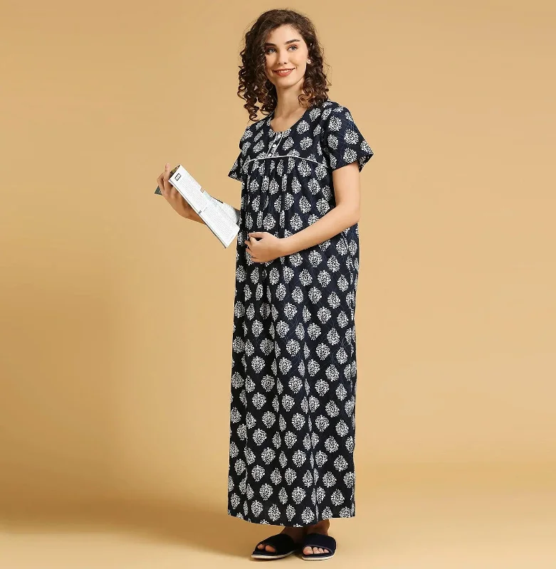 MomToBe Floral Printed Pure Cotton Feeding Maternity Maxi Nightdress-2029mtbnvyprntfn-Free Sexy pajama sets