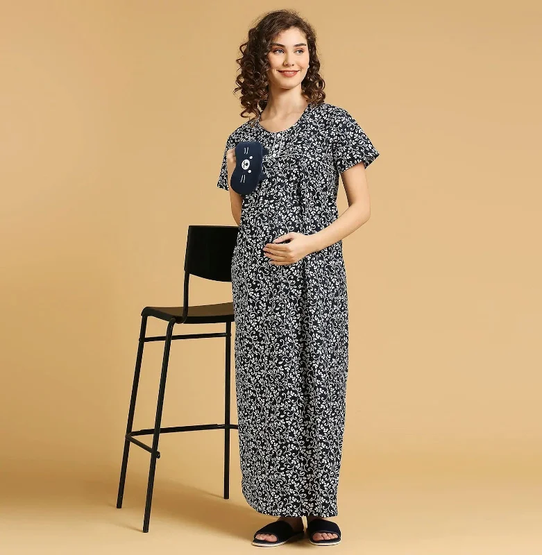 MomToBe Floral Printed Pure Cotton Feeding Maternity Maxi Nightdress-2030mtbnvyleaffn-Free Cooling pajama sets