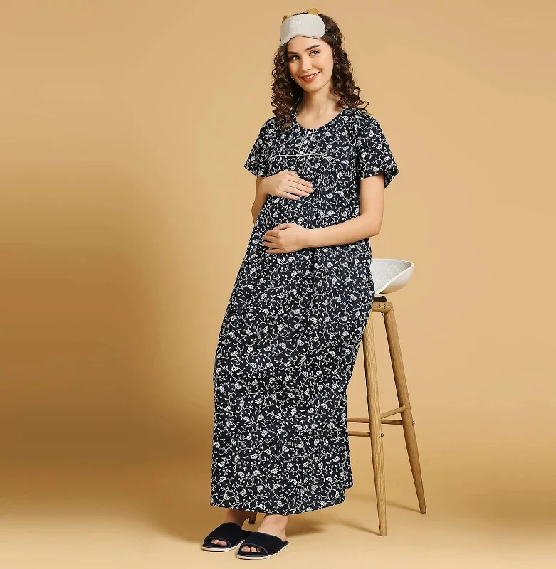 MomToBe Floral Printed Pure Cotton Feeding Maternity Maxi Nightdress-2031mtbnvypaisleyfn-Free Lightweight pajama sets