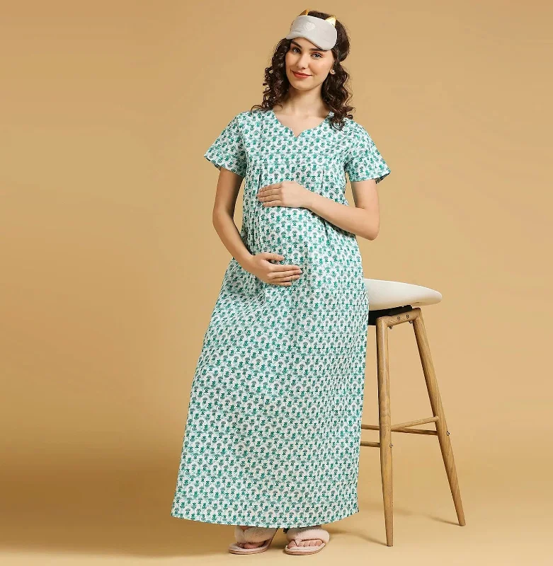 MomToBe Floral Printed Pure Cotton Maternity Maxi Nightdress-2027mtbgrnprntfn-Free Minimalist pajama sets