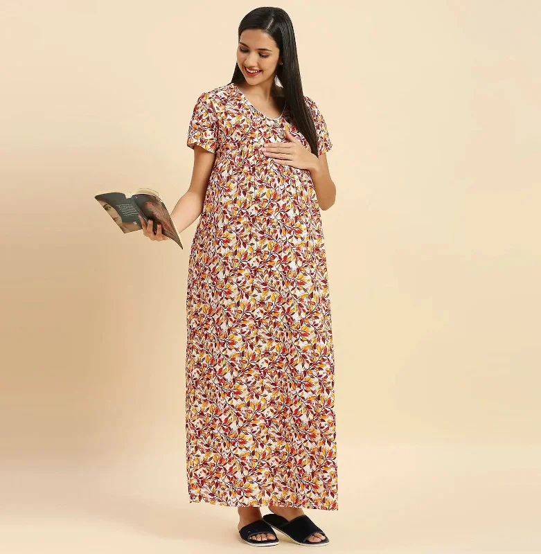 MomToBe Floral Printed Pure Cotton Maxi Maternity Nightdress-2022mtbredprntfn-Free Sleepwear pajama sets