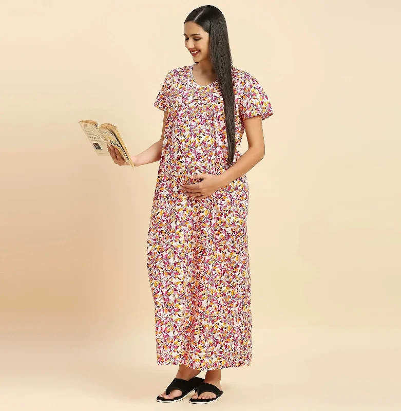 MomToBe Floral Printed V-Neck Pure Cotton Maxi Maternity Nightdress-2022mtbpkprntfn-Free Shein pajama sets