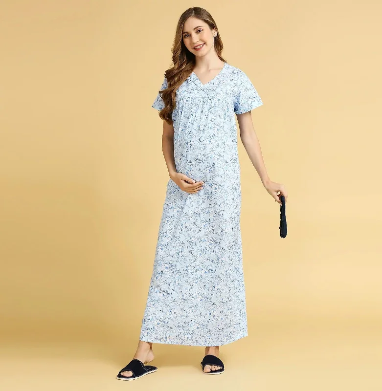 MomToBe Maternity Floral Printed Maxi Nightdress-2023mtbblflrfn-Free Three-piece pajama sets