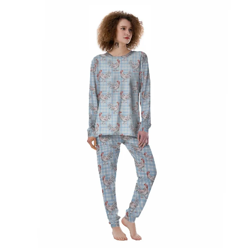 Plaid Rooster Print Pattern Women's Pajamas Spa pajama sets