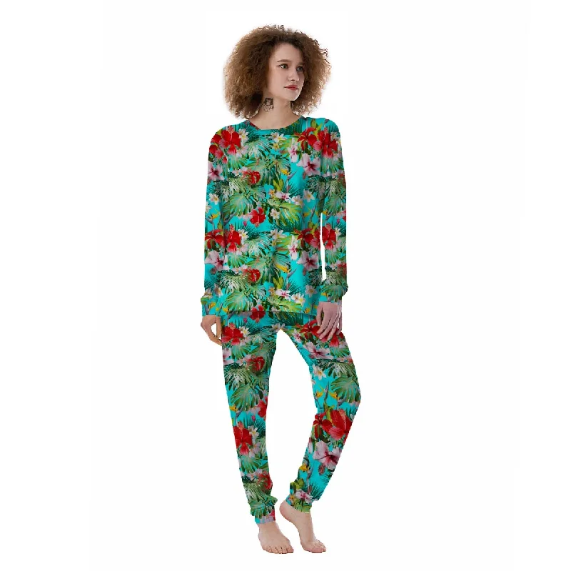 Plumeria Red Hibiscus Print Pattern Women's Pajamas Best pajama sets for girls' night