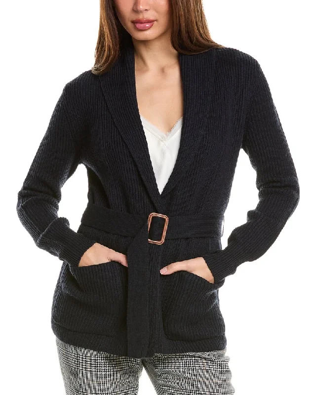 Bruno Magli Ribbed Belted Shawl Wool Cardigan Spring sweaters