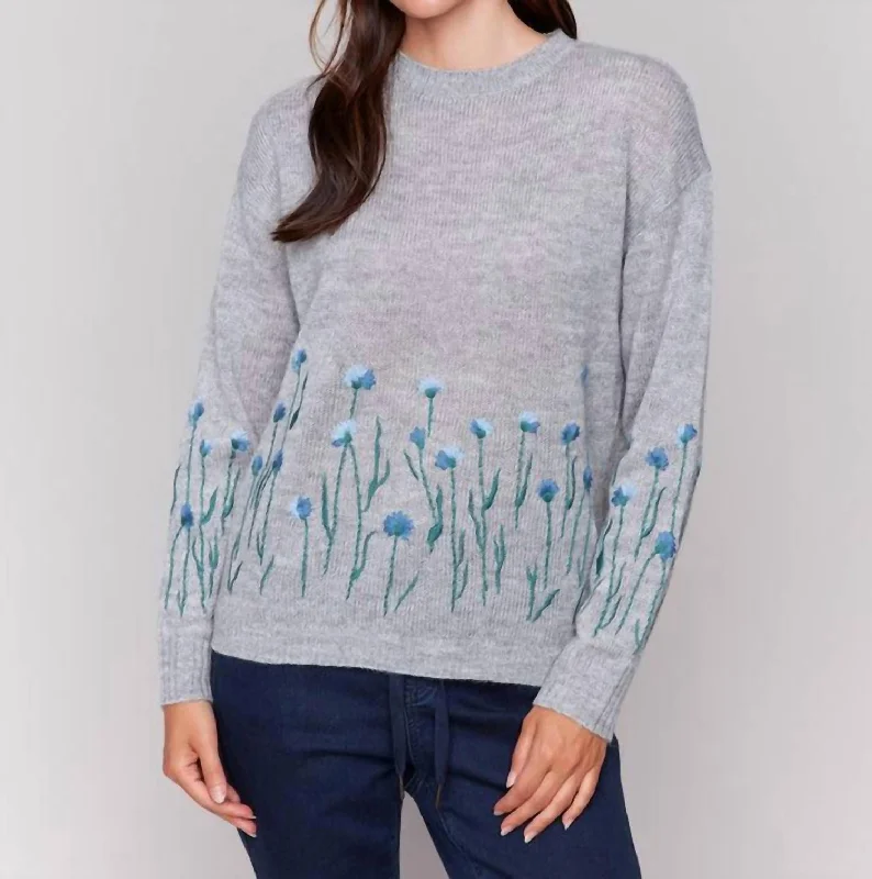 Embroidered Flower Sweater In Grey Turtleneck sweaters