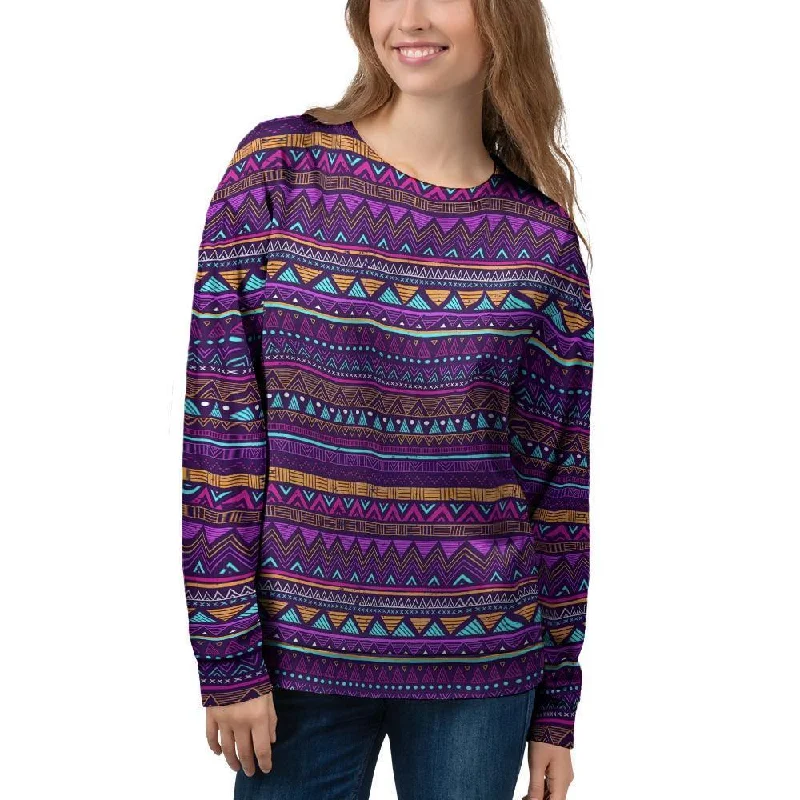 Multicolor Native Aztec Doodle Striped Women's Sweatshirt Fall sweaters