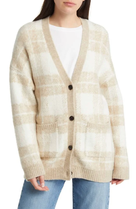 Runi Cardigan In Ivory Sand Plaid Knitted sweaters