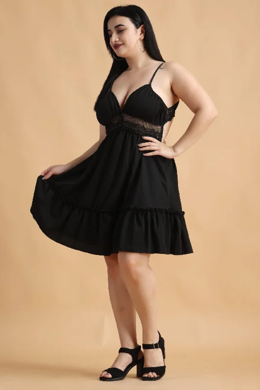 Black Solid Dress with Lace Chiffon mini dresses