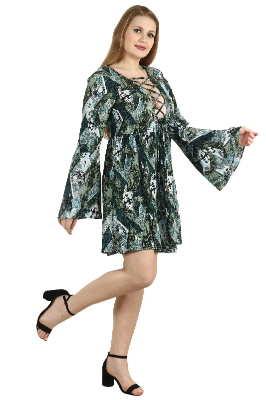 Green Abstract Square Printed Front Open Criss Cross Dress Bodycon mini dresses