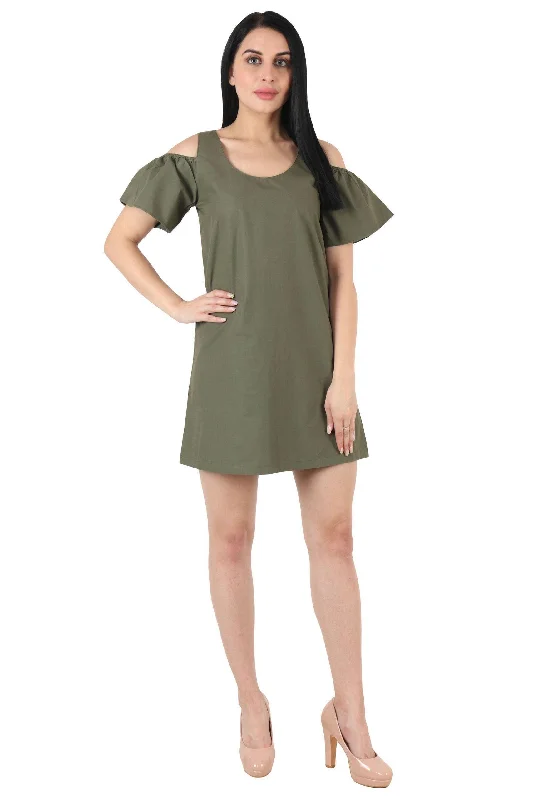 Olive Green Solid Cold Shoulder Dress High-end mini dresses