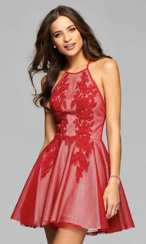 Faviana 7874 Mesh Halter Cocktail Dress With Lace Applique - 1 pc Ruby in Size 6 Available Tulle party dresses