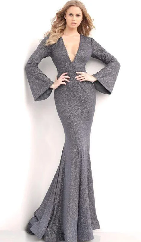 Jovani - Plunging V-neck Long Bell Sleeve Mermaid Evening Gown 63174SC - 1 pc Gunmetal In Size 20 Available H&M party dresses