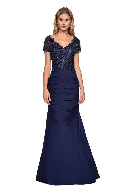 La Femme - Short Sleeve Scalloped Lace Bodice Trumpet Gown 26979SC - 2 pcs Navy In Size 10 and 12 Available Forever 21 party dresses