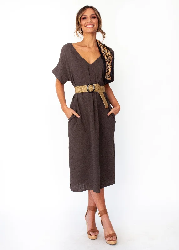 Bayside Linen Midi Dress - Dark Khaki Goth midi dresses