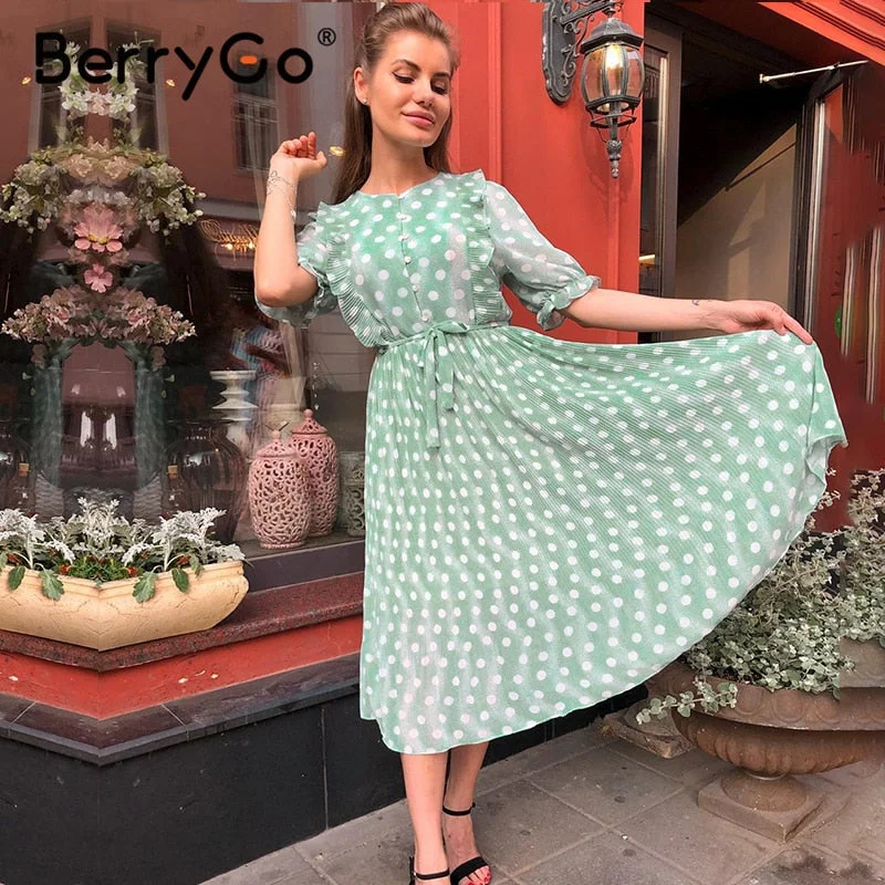 BerryGo Polka dot print summer dresses women Short sleeve ruffle midi dress female High waist sash pearl buttons ladies dress Office midi dresses