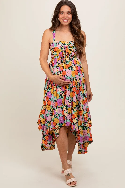 Black Floral Smocked Sleeveless Maternity Midi Dress Smocked midi dresses