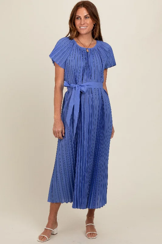 Blue Pleated Sash Tie Midi Dress Clubbing midi dresses