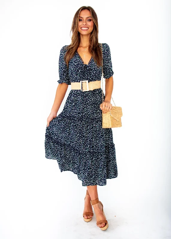 Caught In The Flames Midi Dress - Navy Floral Affordable midi dresses