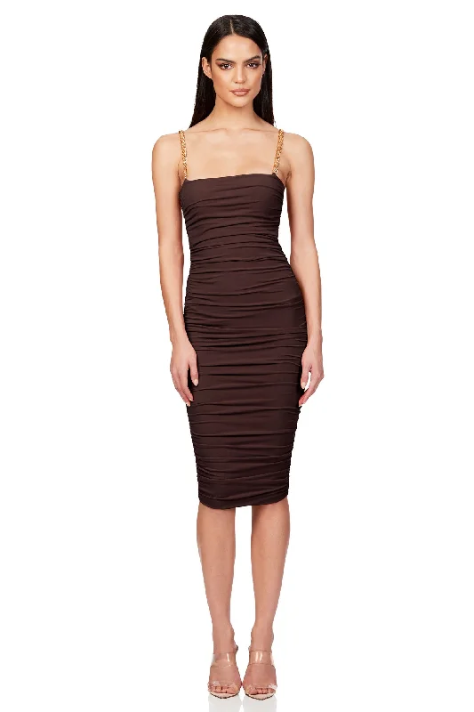 Chocolate Chain Strap Allegra Midi Dress Luxury midi dresses